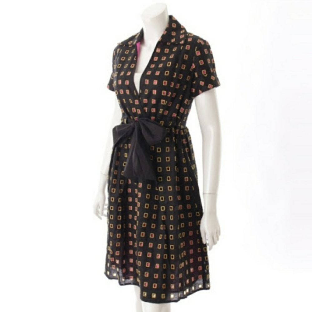 LAST CHANCE: Diane Von Furstenberg Black and Gold Midi Wrap Dress